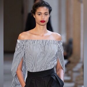 MaxMara Navy and White Striped Off-Shoulder Blouse, see measurements